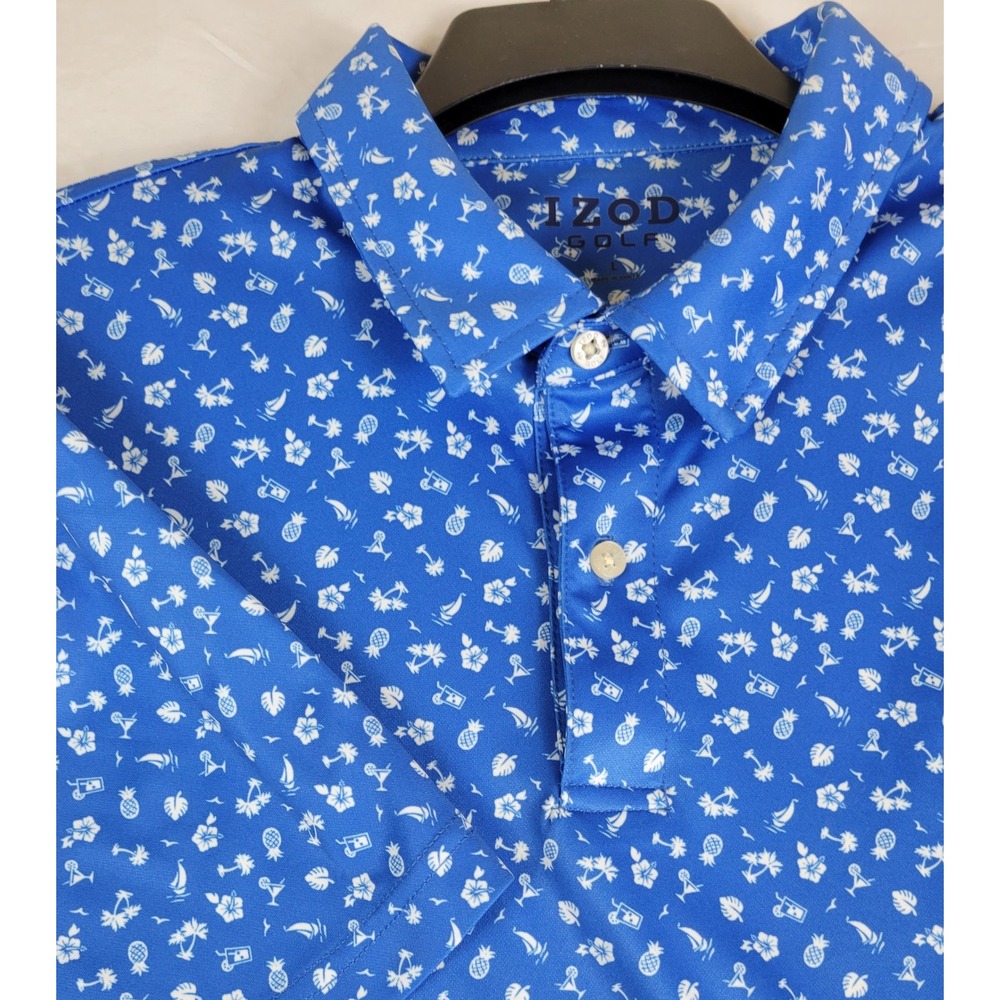 IZOD Golf Mens Large Blue Tropical Pineapple Palm Tree Polo Shirt All Over Print